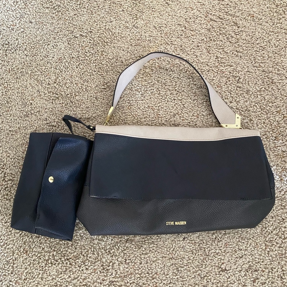 Steve Madden Tote! Two Tone Black and Cream. Never used! With makeup bag inside!